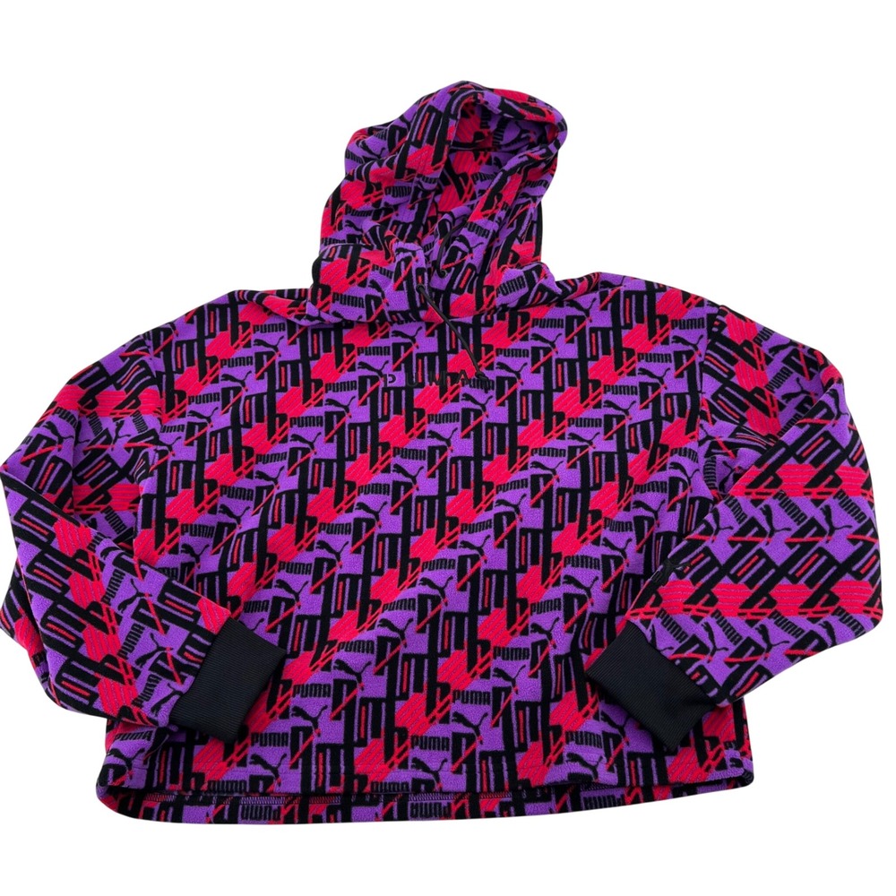 Puma All Over Logo Print Fleece Hoodie Purple Pink Black XS